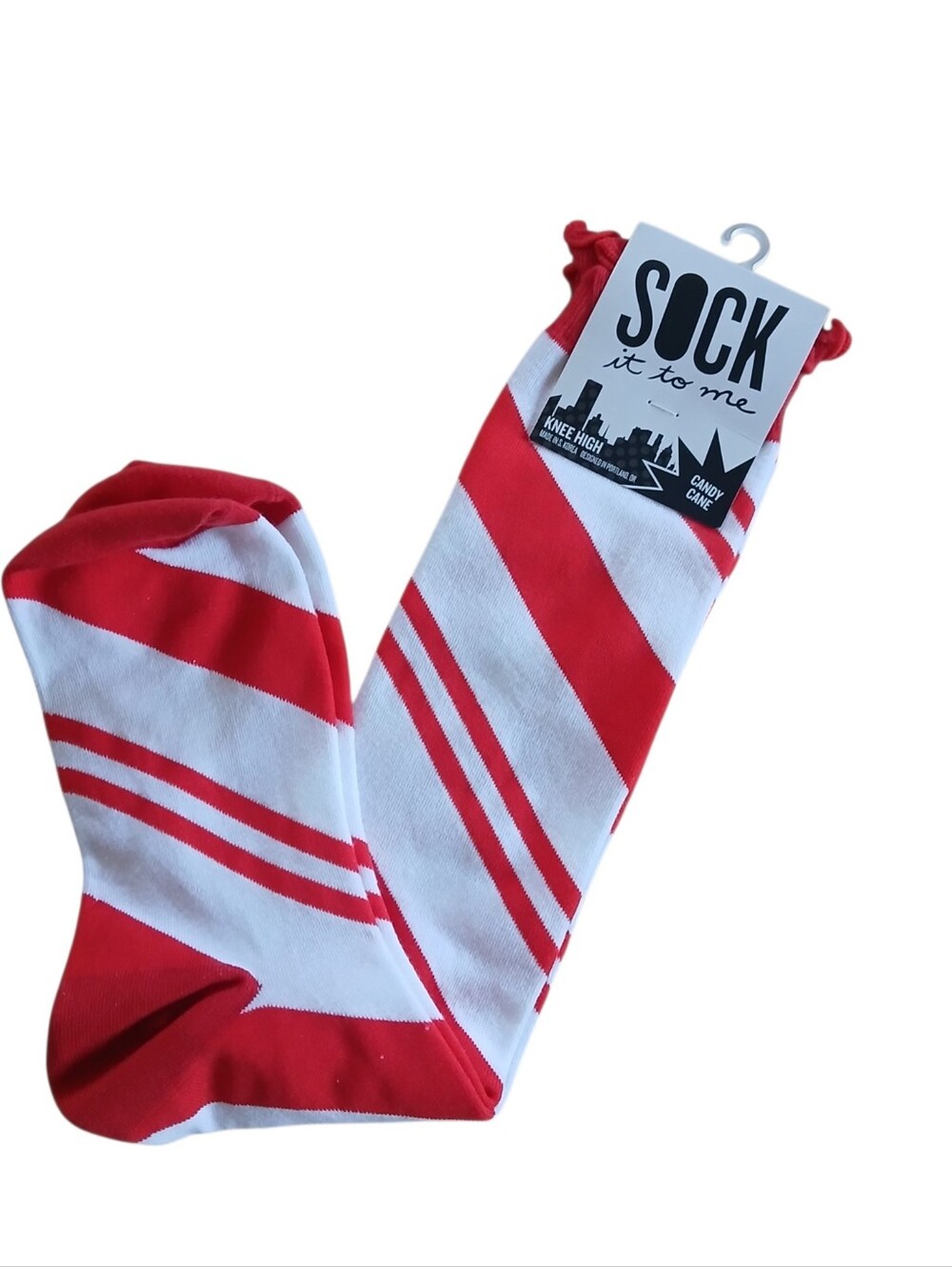 Sock It To Me Socks Candy Cane Striped Knee High New Tag Red & White
